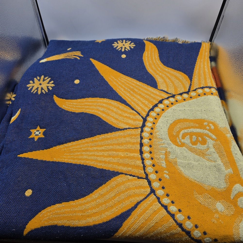 Vintage 90s Celestial Sun Moon Woven Throw Blanket Reversible Blue Gold Twin
